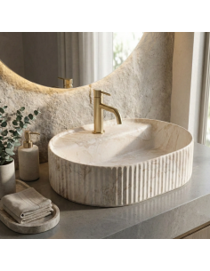 oval håndvask vask bordmonteret bordplade keramik badeværelse marmor beige