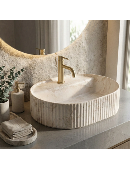oval håndvask vask bordmonteret bordplade keramik badeværelse marmor beige