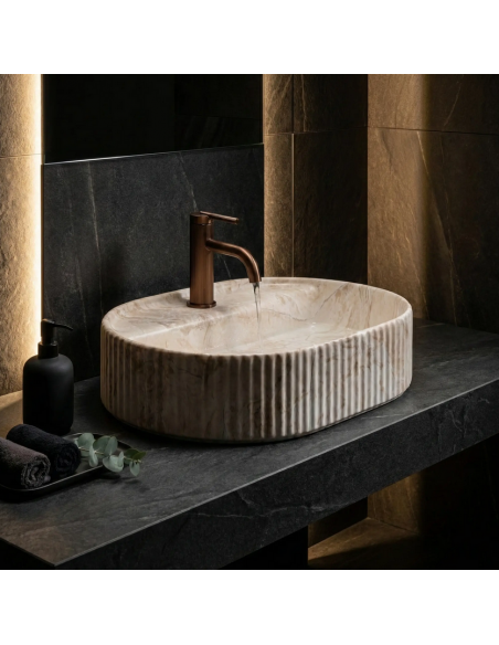 oval håndvask vask bordmonteret bordplade keramik badeværelse marmor beige