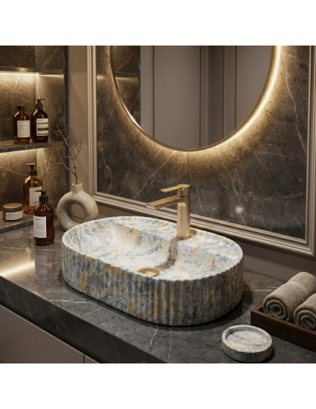 oval håndvask vask bordmonteret bordplade keramik badeværelse marmor sten