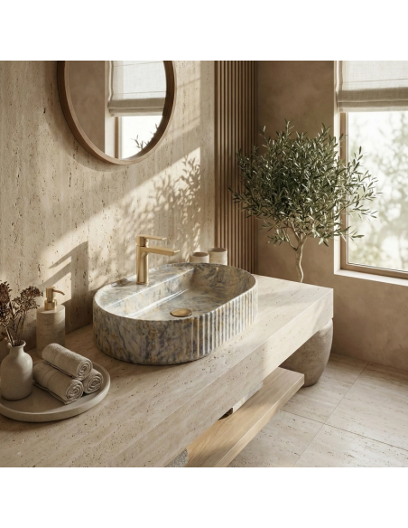 oval håndvask vask bordmonteret bordplade keramik badeværelse marmor sten