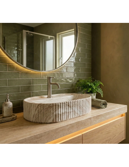 oval håndvask vask bordmonteret bordplade keramik badeværelse marmor sten