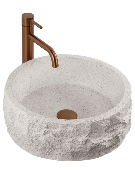 rund håndvask vask bordmonteret bordplade badeværelse grå sten beton