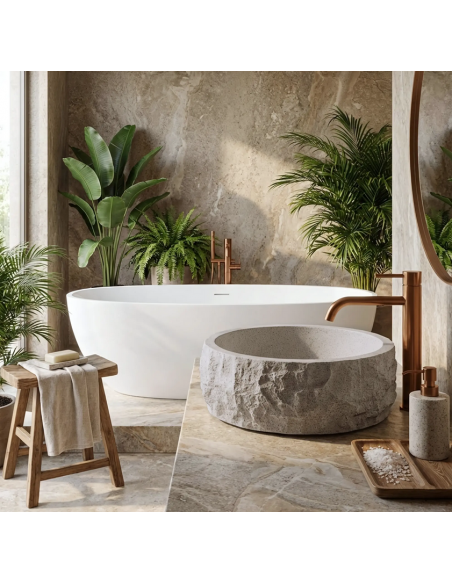 rund håndvask vask bordmonteret bordplade badeværelse grå sten beton