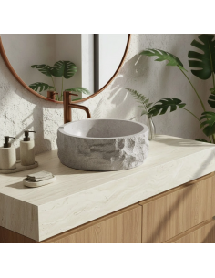 rund håndvask vask bordmonteret bordplade badeværelse grå sten beton