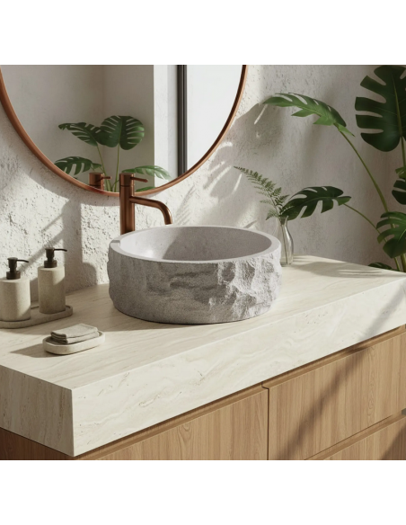 rund håndvask vask bordmonteret bordplade badeværelse grå sten beton