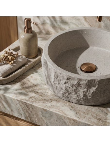rund håndvask vask bordmonteret bordplade badeværelse grå sten beton