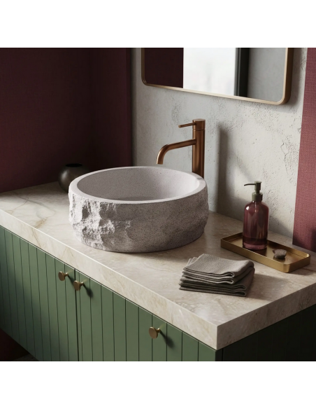 rund håndvask vask bordmonteret bordplade badeværelse grå sten beton