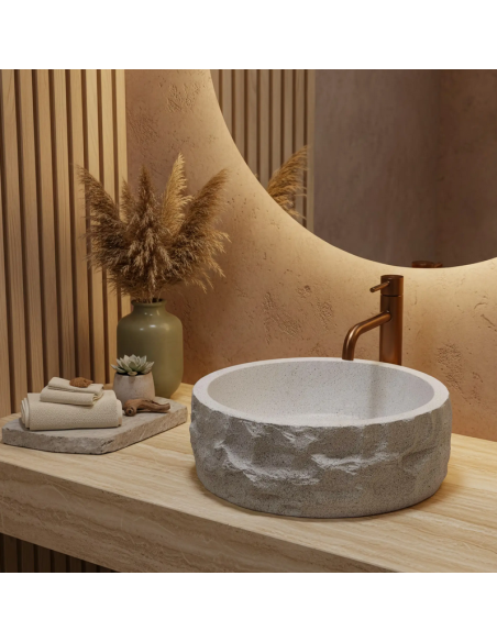 rund håndvask vask bordmonteret bordplade badeværelse grå sten beton