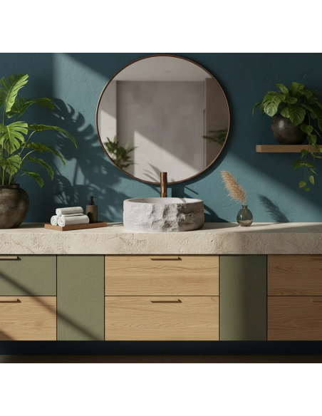 rund håndvask vask bordmonteret bordplade badeværelse grå sten beton