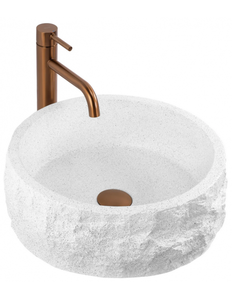rund håndvask vask bordmonteret bordplade badeværelse hvid sten beton
