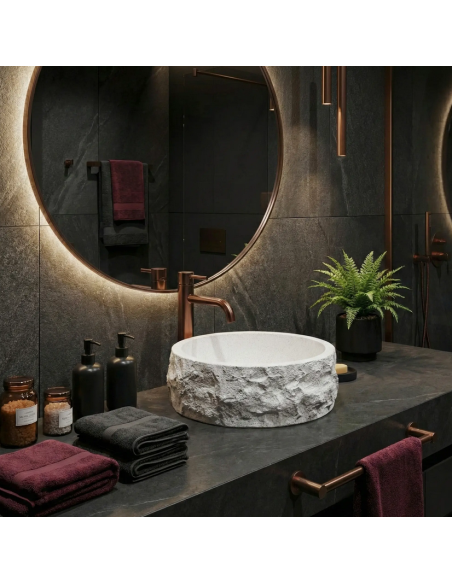 rund håndvask vask bordmonteret bordplade badeværelse hvid sten beton