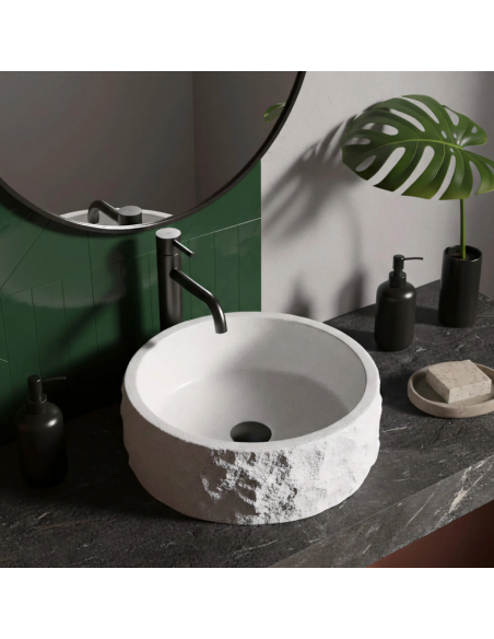 rund håndvask vask bordmonteret bordplade badeværelse hvid sten beton