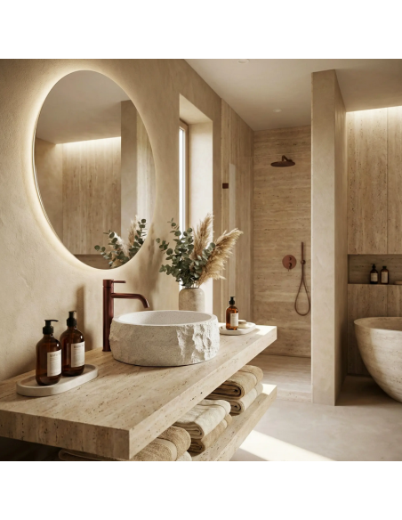 rund håndvask vask bordmonteret bordplade badeværelse hvid sten beton