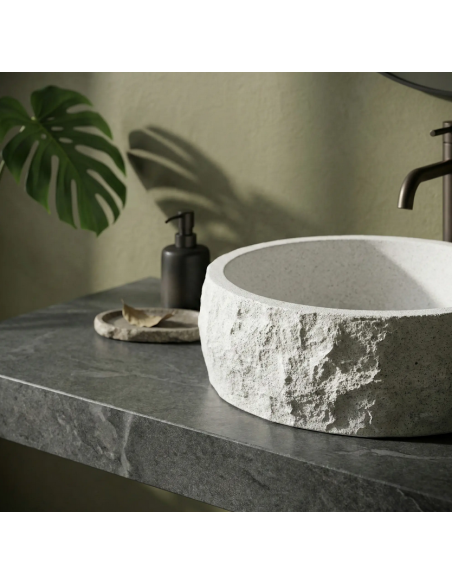 rund håndvask vask bordmonteret bordplade badeværelse hvid sten beton