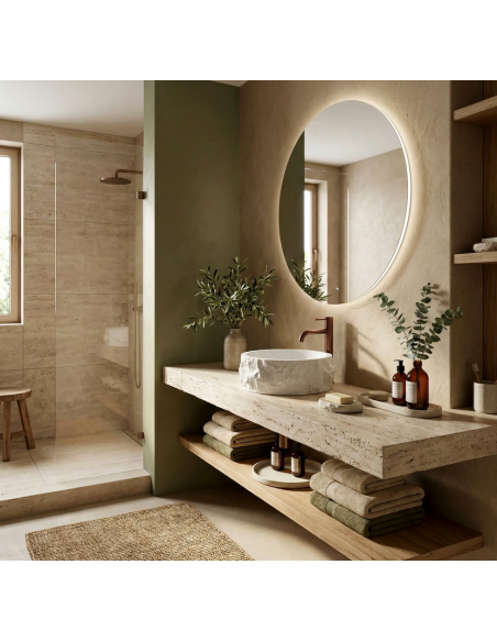 rund håndvask vask bordmonteret bordplade badeværelse hvid sten beton