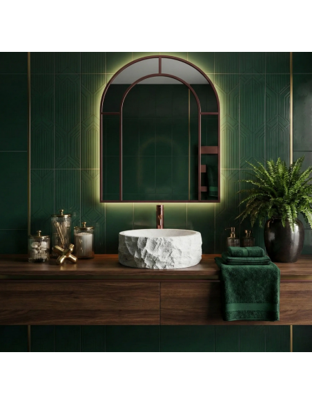 rund håndvask vask bordmonteret bordplade badeværelse hvid sten beton