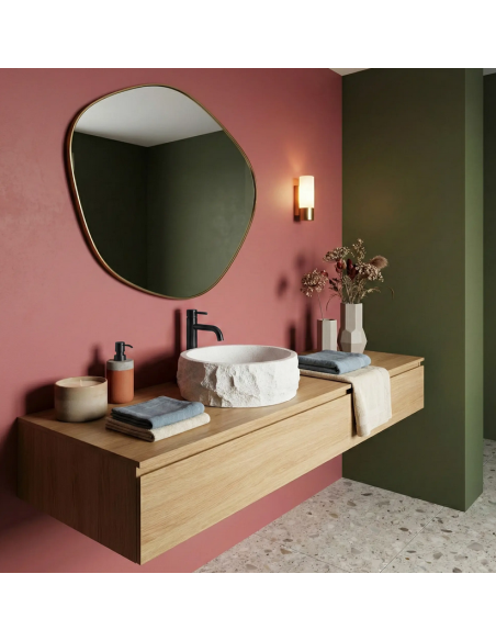 rund håndvask vask bordmonteret bordplade badeværelse hvid sten beton