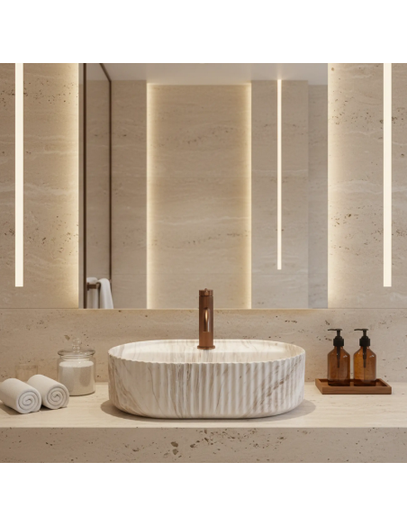 oval håndvask vask bordmonteret bordplade keramik badeværelse marmor beige