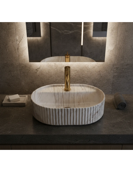 oval håndvask vask bordmonteret bordplade keramik badeværelse marmor beige