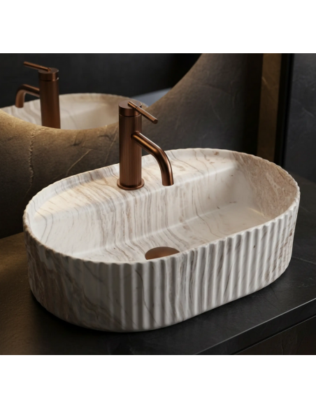 oval håndvask vask bordmonteret bordplade keramik badeværelse marmor beige