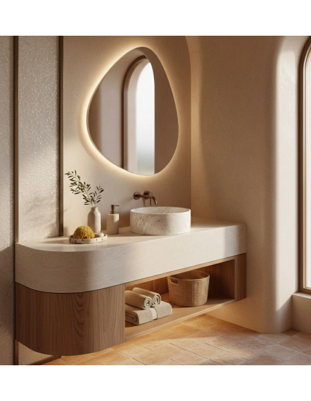 rund håndvask vask bordmonteret bordplade badeværelse hvid sten beton