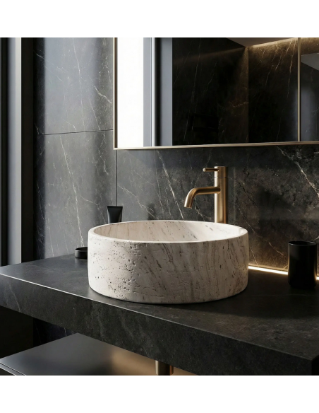 rund håndvask vask bordmonteret bordplade badeværelse hvid sten beton