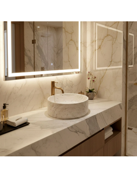 rund håndvask vask bordmonteret bordplade badeværelse hvid sten beton