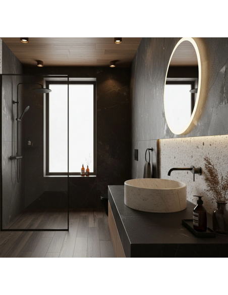 rund håndvask vask bordmonteret bordplade badeværelse hvid sten beton