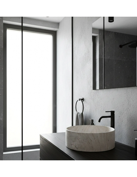 rund håndvask vask bordmonteret bordplade badeværelse hvid sten beton