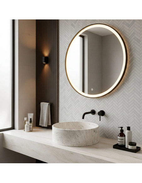 rund håndvask vask bordmonteret bordplade badeværelse hvid sten beton