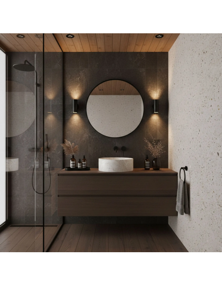 rund håndvask vask bordmonteret bordplade badeværelse hvid sten beton