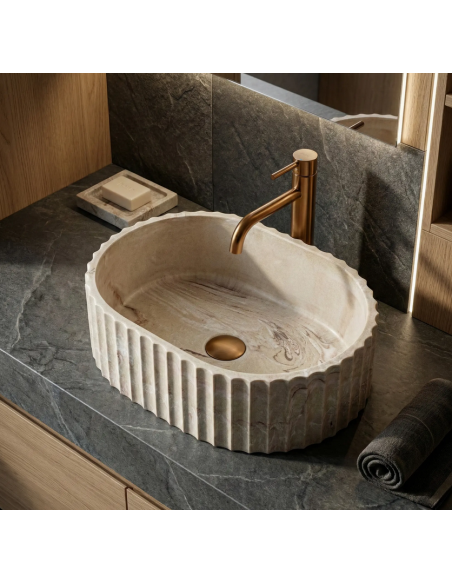 oval håndvask vask bordmonteret bordplade keramik badeværelse marmor beige