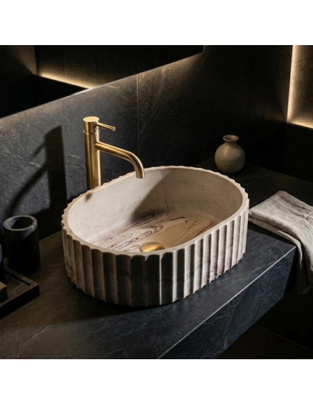 oval håndvask vask bordmonteret bordplade keramik badeværelse marmor beige