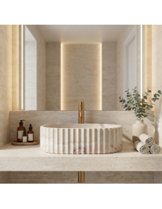 oval håndvask vask bordmonteret bordplade keramik badeværelse marmor beige