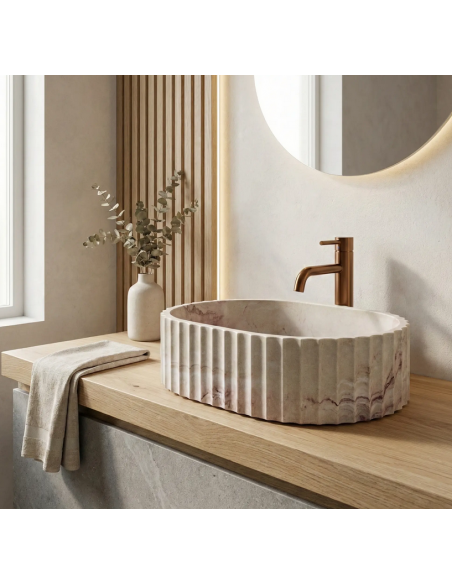 oval håndvask vask bordmonteret bordplade keramik badeværelse marmor beige