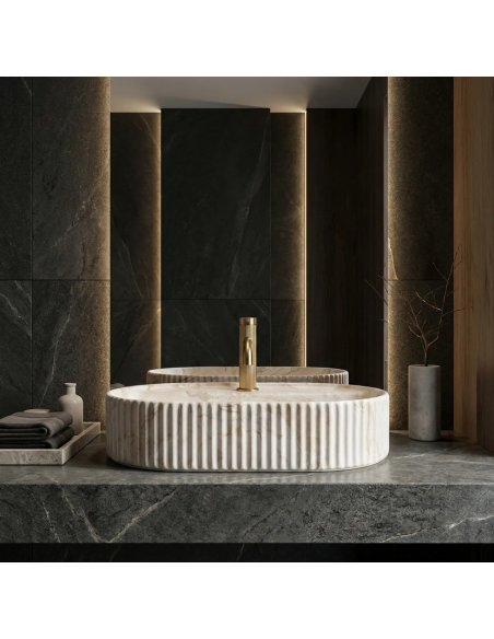 oval håndvask vask bordmonteret bordplade keramik badeværelse marmor sten