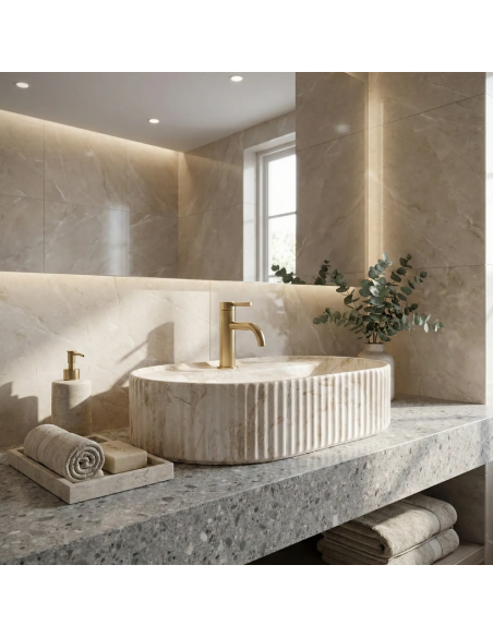 oval håndvask vask bordmonteret bordplade keramik badeværelse marmor sten