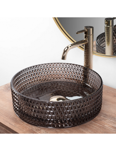 rund håndvask vask bordmonteret bordplade badeværelse sort glas