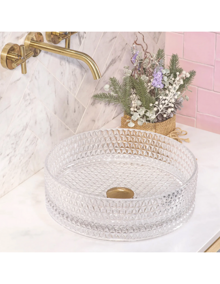 rund håndvask vask bordmonteret bordplade badeværelse glas