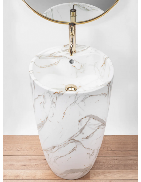 rund håndvask vask gulvmonteret gulv badeværelse keramik hvid porcelæn marmor