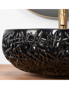 rund håndvask vask bordmonteret bordplade badeværelse sort glas 2