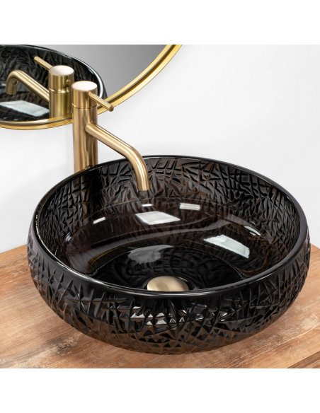 rund håndvask vask bordmonteret bordplade badeværelse sort glas