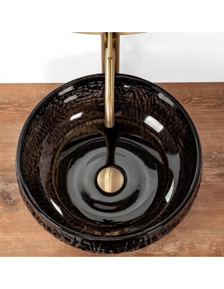 rund håndvask vask bordmonteret bordplade badeværelse sort glas