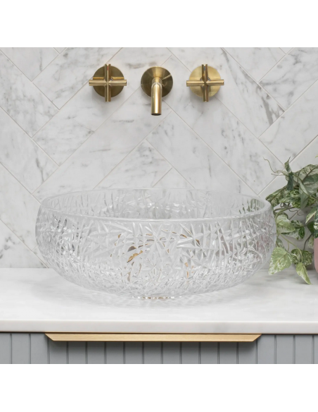 rund håndvask vask bordmonteret bordplade badeværelse glas