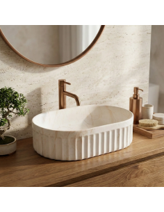 oval håndvask vask bordmonteret bordplade keramik badeværelse marmor beige