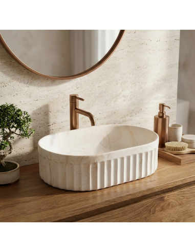 oval håndvask vask bordmonteret bordplade keramik badeværelse marmor beige