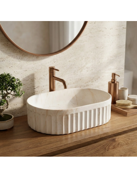 oval håndvask vask bordmonteret bordplade keramik badeværelse marmor beige