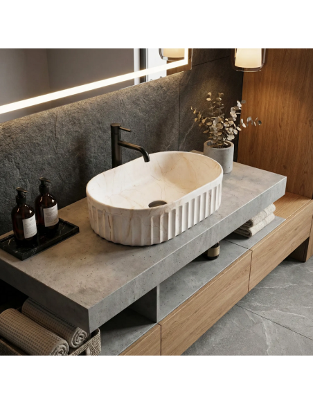 oval håndvask vask bordmonteret bordplade keramik badeværelse marmor beige