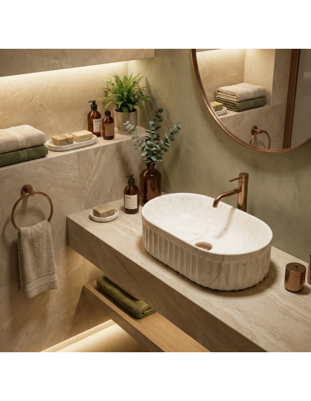 oval håndvask vask bordmonteret bordplade keramik badeværelse marmor beige
